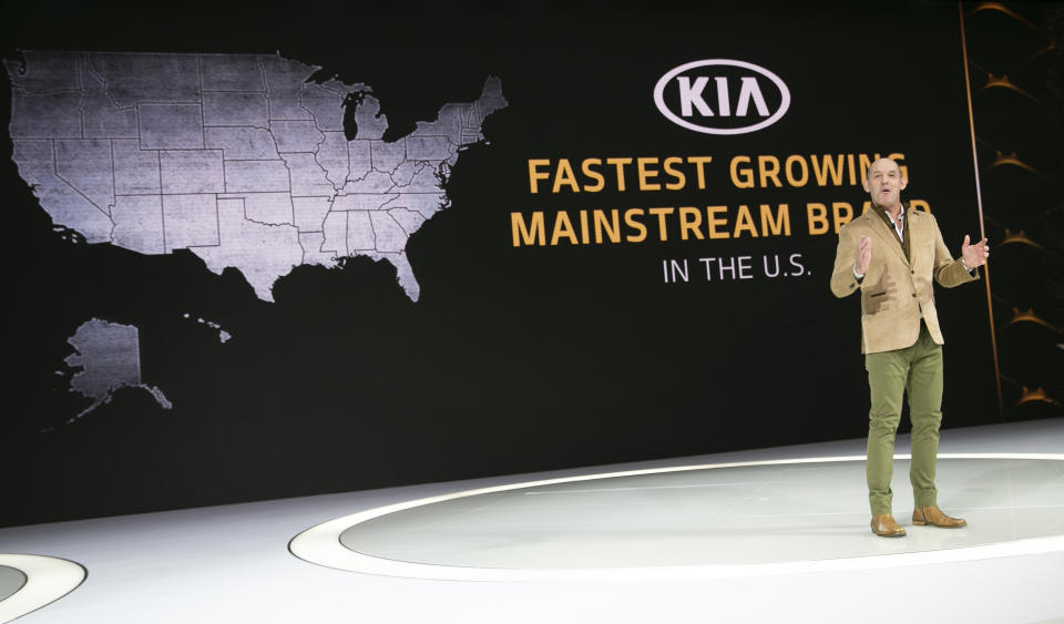 Michael Cole, president of Kia Motors America Inc., speaks at the AutoMobility LA Auto Show in Los Angeles, Wednesday, Nov. 20, 2019. (AP Photo/Damian Dovarganes)