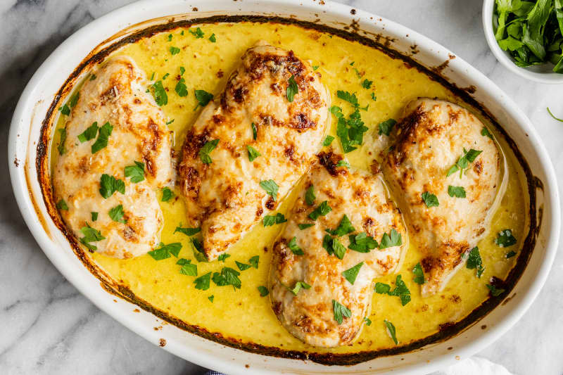 5 Ingredient Baked Caesar Chicken in a casserole dish