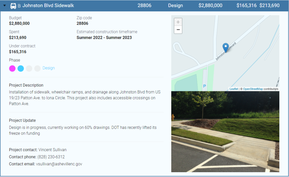 Johnston Boulevard sidewalk project dashboard.