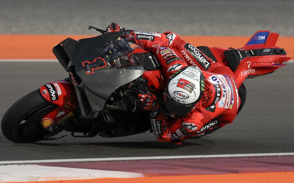 Bagnaia rides the Ducati Leonovo bike during testing for the Qatar MotoGP at the Lusail Circuit last month