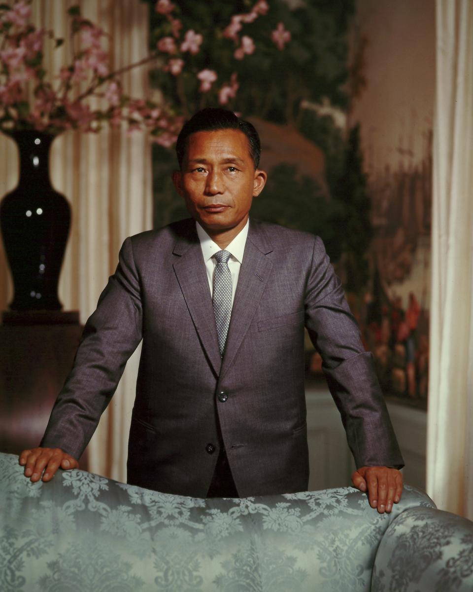 Portrait of the President of South Korea Park Chung-hee (1917 - 1979), standing with arms resting on the back of a couch, United States, 1960s. Chung-hee was a former Republic of Korea Army general and leader of the Republic of Korea.