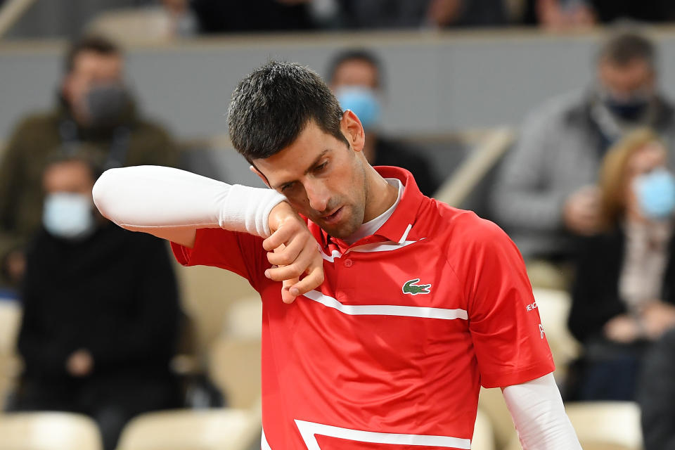 Novak Djokovic looking frustrated during a match at Roland Garros on October 11, 2020 in Paris, France.