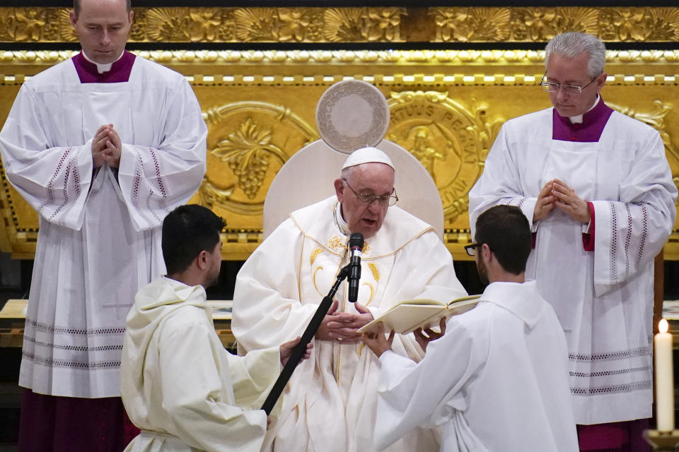 Pope Francis presides over a mass at the National Shrine of Saint Anne de Beaupre, Thursday, July 28, 2022, in Saint Anne de Beaupre, Quebec. Pope Francis is on a "penitential" six-day visit to Canada to beg forgiveness from survivors of the country's residential schools, where Catholic missionaries contributed to the "cultural genocide" of generations of Indigenous children by trying to stamp out their languages, cultures and traditions. (AP Photo/John Locher)