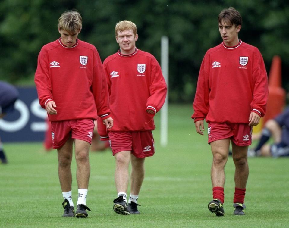 the neville brothers phil and gary with paul scholes during an england training session, england, 1998