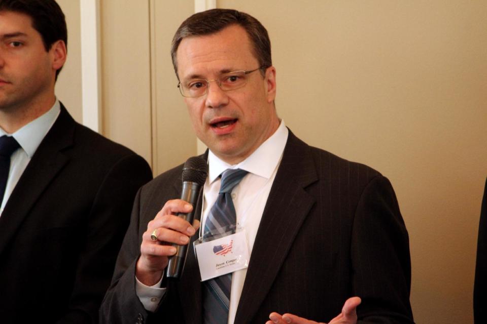 In this March 19, 2014 photo, Oregon Republican Senate candidate, State Rep. Jason Conger speaks at a candidate forum in Lake Oswego, Ore. Republicans are making a bold play for a U.S. Senate seat in Oregon, a reliably Democratic state that hasn't elected a Republican to a statewide office in more than a decade. Republicans think they've found the right candidate in Monica Wehby, a children's brain surgeon who's raised more than $1 million and put her early opposition to the president's health law at the center of her campaign to help her party regain a Senate majority. (AP Photo/Jonathan J. Cooper)