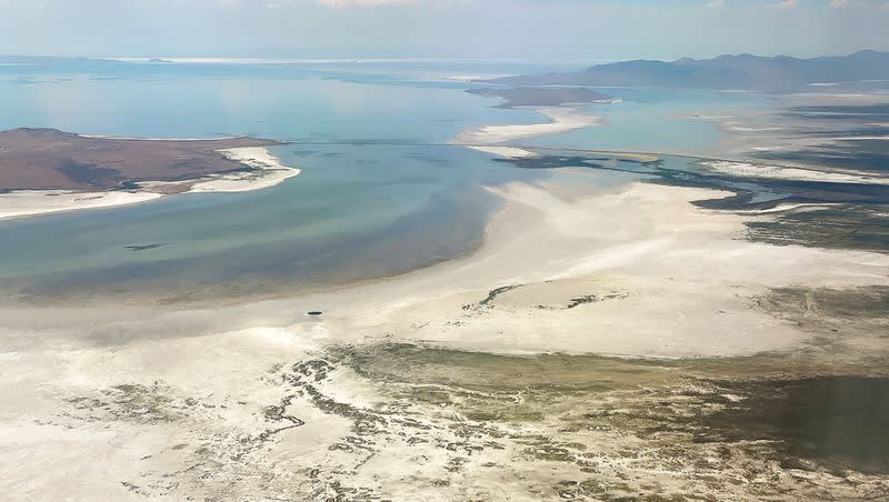 Farmington Bay and the causeway to Antelope Island are pictured on Sunday, July 2, 2023.