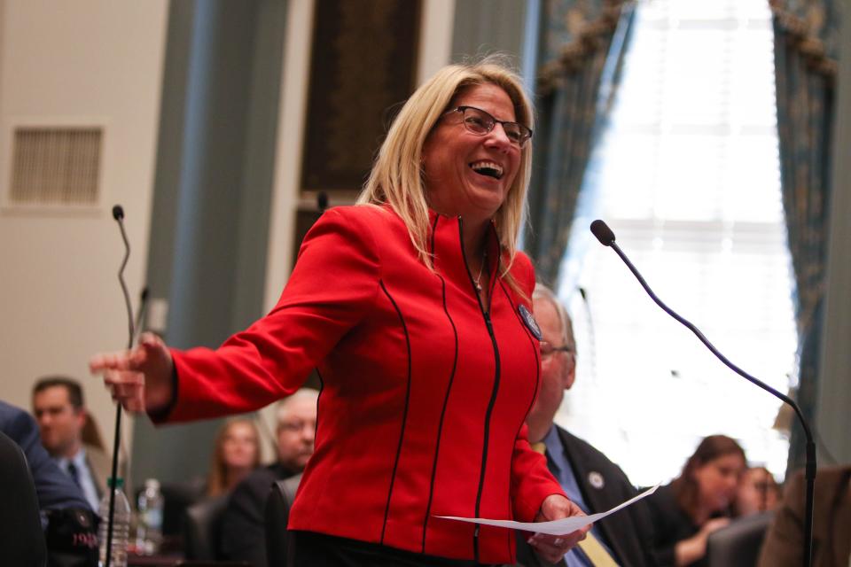 House Majority Leader Valerie Longhurst, D-Bear, speaks in Dover's Legislative Hall during the 2020 session.
