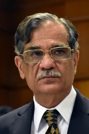 FILE PHOTO: The Chief Justice of Pakistan Mian Saqib Nisar pauses as he addresses to the judges and lawyers at the High Court in Quetta, Pakistan April 11, 2018. Picture taken April 11, 2018. REUTERS/Naseer Ahmed/File Photo