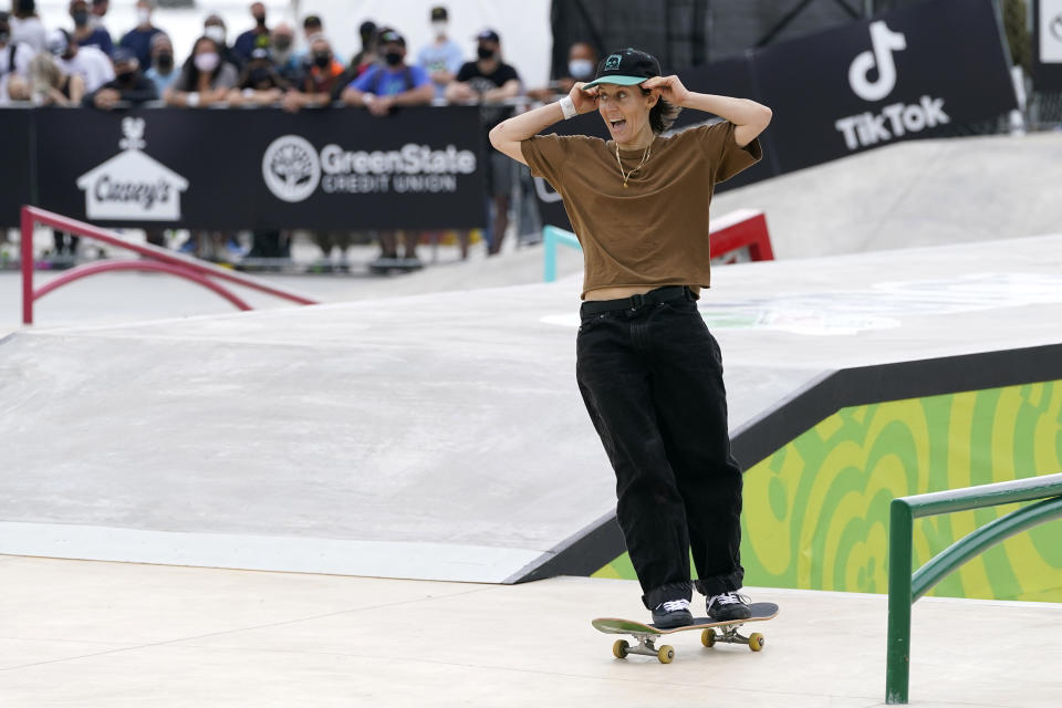 Image: Alexis Sablone, of the United States, after her run in the Olympic qualifying skateboard event on May 22, 2021, in Des Moines, Iowa. (Charlie Neibergall / AP)