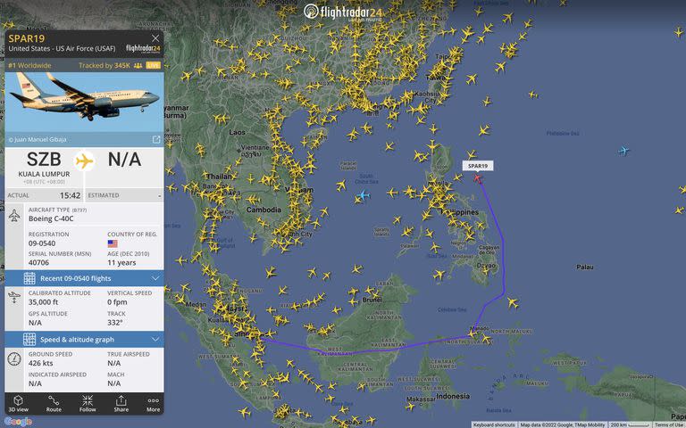 Más de 700.000 personas siguieron en vivo el SPAR19, donde se sospechaba que volaría Nancy Pelosi, presidenta de la Cámara de Representantes de Estados Unidos (Crédito: Twitter/@flightradar24)