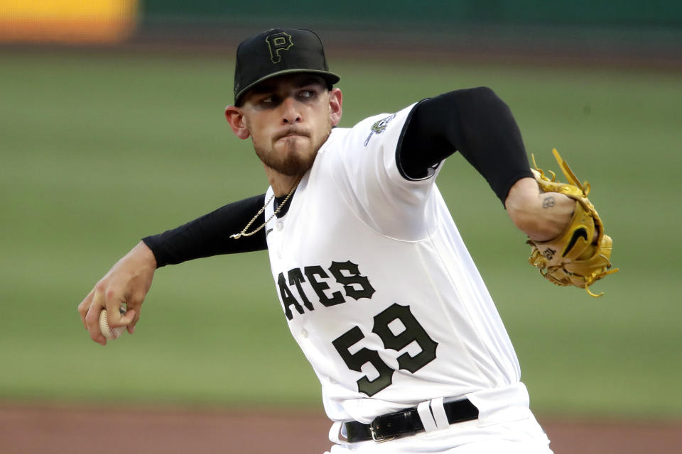 Pittsburgh Pirates starting pitcher Joe Musgrove delivers during the first inning of a baseball game against the Milwaukee Brewers in Pittsburgh, Wednesday, July 29, 2020. (AP Photo/Gene J. Puskar)