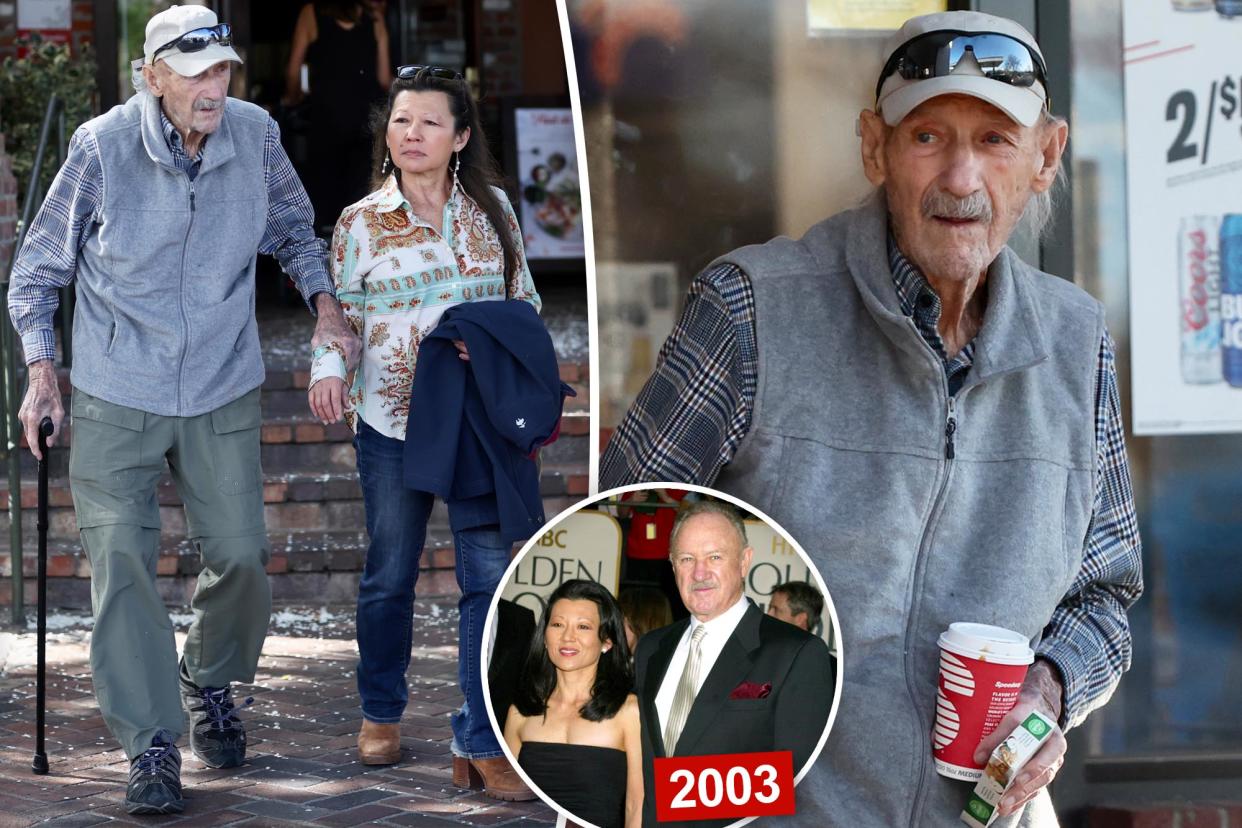 Photos of Gene Hackman and wife Betsy Arakawa today, with an inset of the couple at the 2003 Golden Globes.