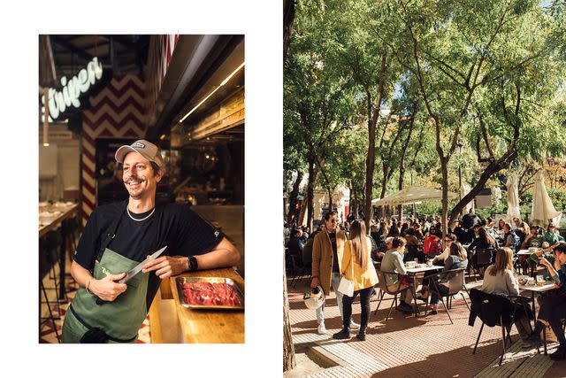 <p>James Rajotte</p> From left: Chef Roberto Martí­nez prepares for dinner at Tripea; Plaza Olavide, a popular square in Madrid's Chamberí­ neighborhood.