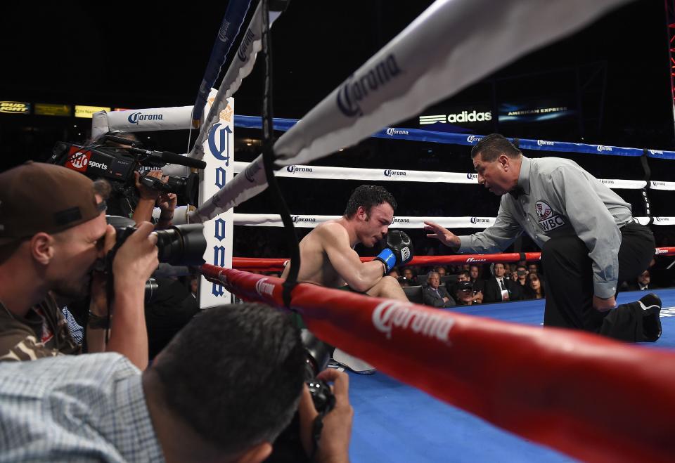 Julio Cesar Chavez Jr. is given a count after a knockdown in the ninth round by Andrzej Fonfara Saturday at the StubHub Center on April 18, 2015, in Carson, Calif. (Photo by Harry How/Getty Images)