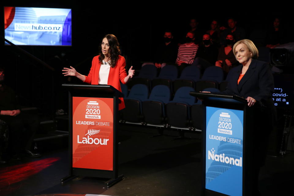 New Zealand PM Jacinda Ardern (left) has had a fiery debate with election rival Judith Collins. Source: EPA