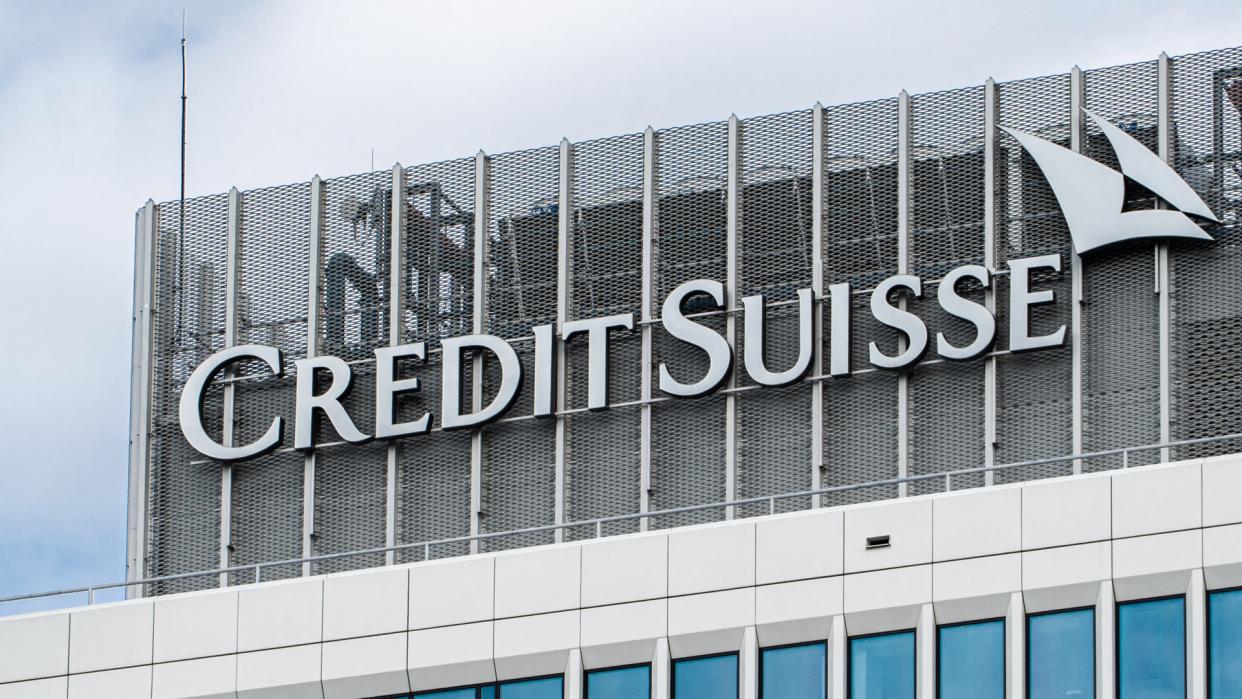 Warsaw, Poland - August 12, 2019: logo on the offices of the Credit Suisse Bank Group in Warsaw.