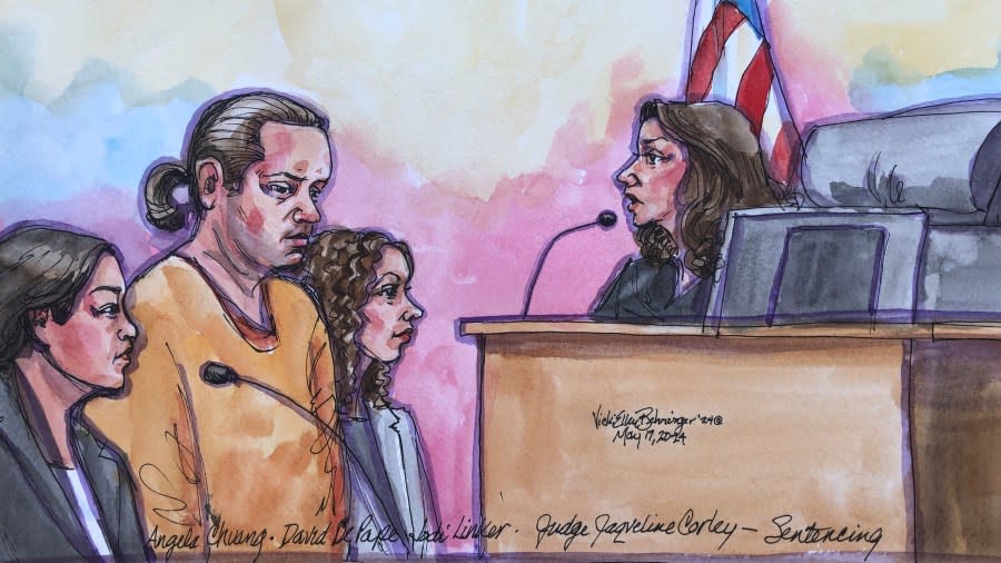 David DePape listens in court on May 17, 2024 at the federal courthouse in San Francisco. (Courtroom sketch by Vicki Behringer)