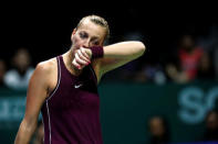 Tennis - WTA Tour Finals - Singapore Indoor Stadium, Kallang, Singapore - October 21, 2018 Czech Republic's Petra Kvitova reacts during her group stage match against Ukraine's Elina Svitolina REUTERS/Edgar Su