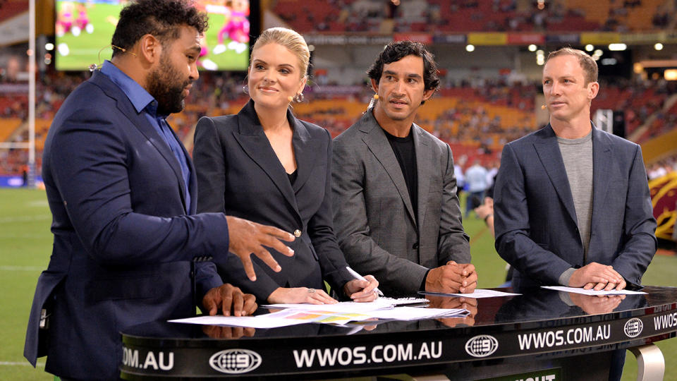 Sam Thaiday, Erin Molan, Jonathan Thurston and Darren Lockyer, pictured here on Channel Nine in 2019.