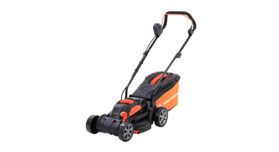 This Yard Force cordless lawnmower has a 33cm cutting width with front and side grass combs.