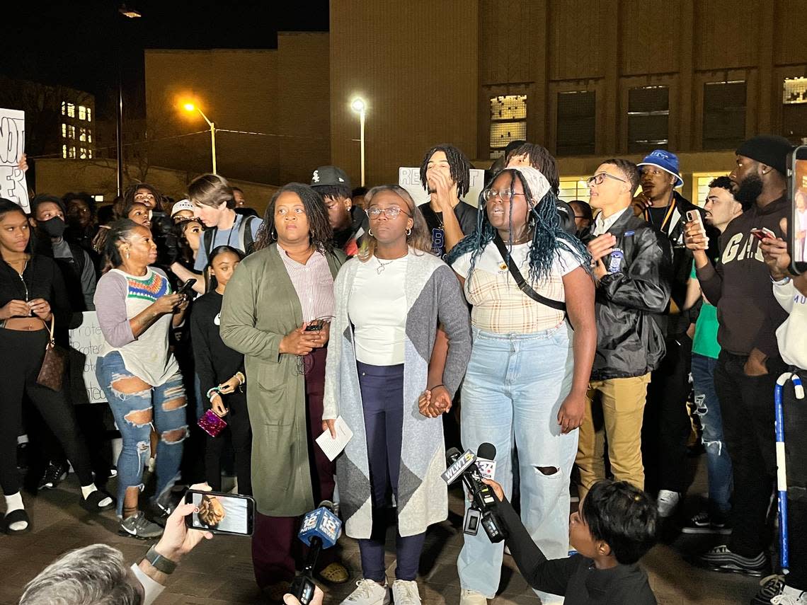 Kylah Spring, center, speaks at a march against racism on University of Kentucky’s campus on Nov. 7, 2022. The march was organized after video of a white UK student, Sophia Rosing, saying racist slurs to a Black student desk clerk, Spring, went viral on social media.