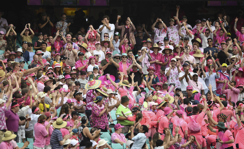 Fans cheer on day three of the third cricket test match between Australia and New Zealand at the Sydney Cricket Ground in Sydney Sunday, Jan. 5, 2020. (Andrew Cornaga/Photosport via AP)