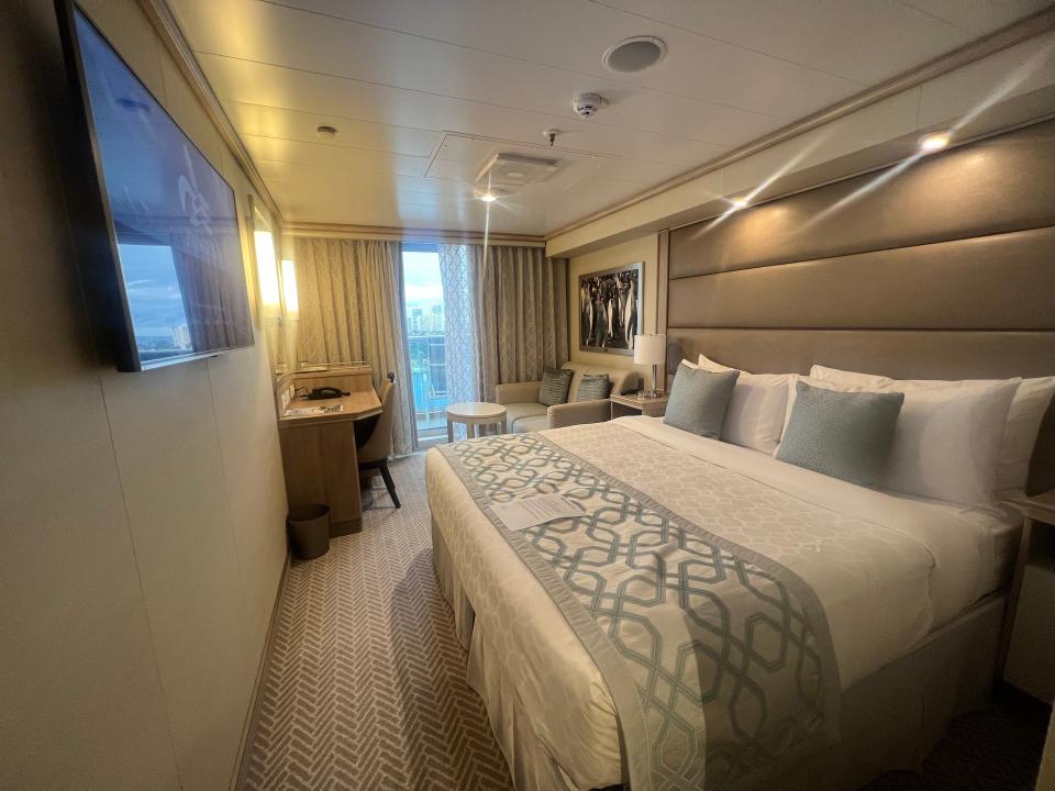 deluxe balcony stateroom on the Sky Princess view from bed