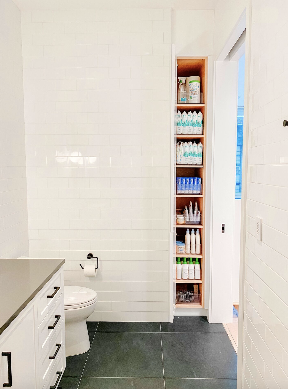 bathroom shelf ideas, narrow hidden cabinet in the nursery bathroom