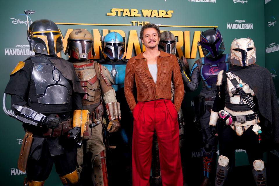 Pedro Pascal during a photo call at Piccadilly Circus, London, for The Mandalorian, before it is released on Disney+ from March 1 (PA)