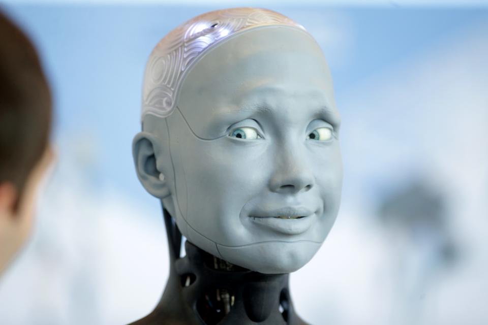 Human-shaped robot Ameca of Engineered Arts interacts with visitors on July 6, 2023, in Geneva, Switzerland.