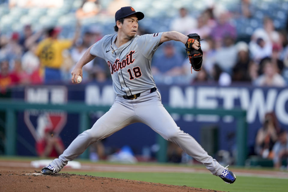 Detroit Tigers starting pitcher Kenta Maeda throws to a Los Angeles Angels batter during the first inning of a baseball game Friday, June 28, 2024, in Anaheim, Calif. (AP Photo/Ryan Sun)