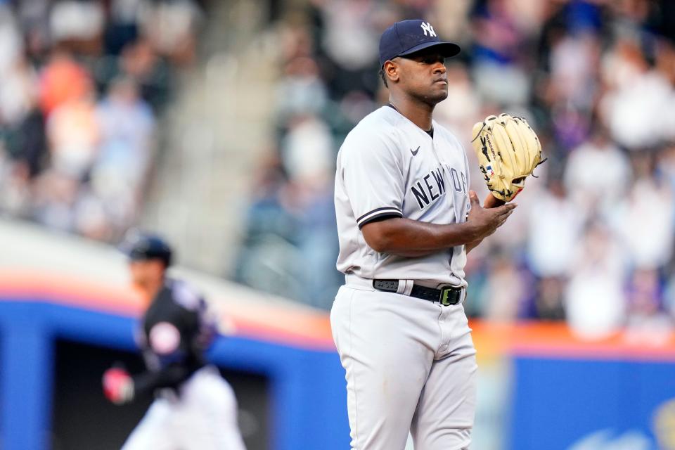 New York Yankees starting pitcher Luis Severino reacts as New York Mets' Mark Canha runs the bases after hitting a home run during the first inning of a baseball game Tuesday, June 13, 2023, in New York. (AP Photo/Frank Franklin II)