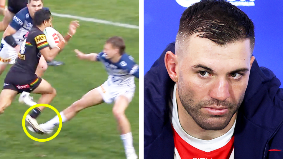 James Tedesco's trip earlier this year has once again resurfaced after the Cowboys copped a sin-bin for a similar incident on the weekend against the Panthers. (Images: Fox Sports/Getty Images)