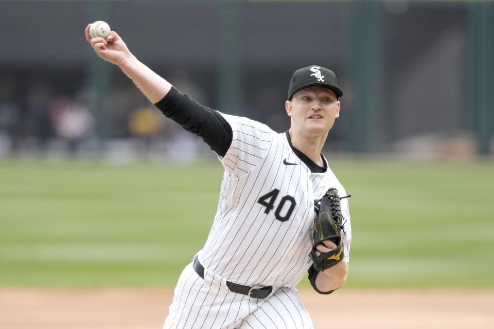 Chicago White Sox starting pitcher Michael Soroka delivers during the first inning of a baseball game against the Detroit Tigers Saturday, March 30, 2024, in Chicago. (AP Photo/Charles Rex Arbogast)