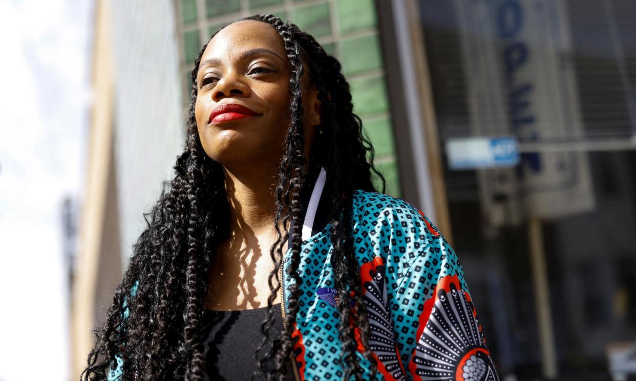 <span>Summer Lee speaks to reporters at a polling location after voting in Swissvale, Pennsylvania, on Tuesday.</span><span>Photograph: Quinn Glabicki/Reuters</span>