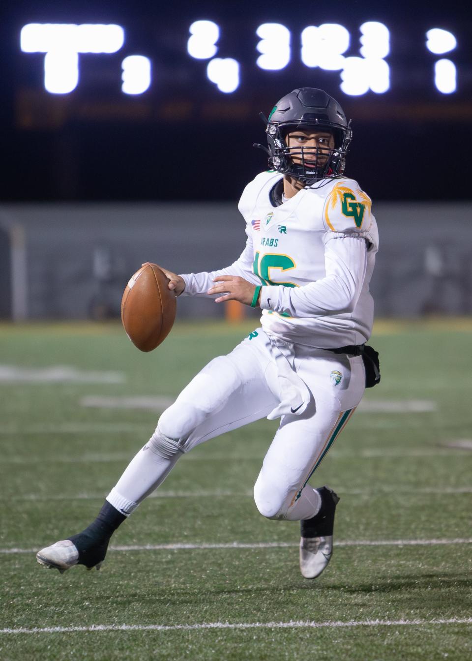 Coachella Valley quarterback Derek Calderon (16) scans the field, searching for an open receiver to make a play against Don Lugo during the CIF-SS Division 12 playoffs in Chino, California, on November 10, 2023.