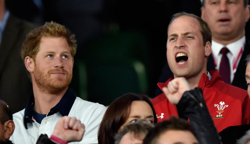 LONDON, UNITED KINGDOM - SEPTEMBER 26: (EMBARGOED FOR PUBLICATION IN UK NEWSPAPERS UNTIL 48 HOURS AFTER CREATE DATE AND TIME) Prince Harry and Prince William, Duke of Cambridge attend the England v Wales match during the Rugby World Cup 2015 at Twickenham Stadium on September 26, 2015 in London, England. (Photo by Max Mumby/Pool/Indigo/Getty Images)