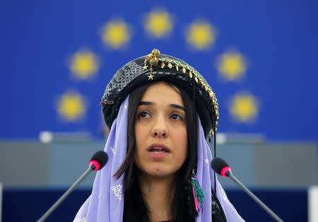 FILE PHOTO: Nadia Murad Basee Taha adresses the European Parliament during an award ceremony for the 2016 Sakharov Prize at the European Parliament in Strasbourg, France, December 13, 2016. Murad Basee Taha received the prize with Lamiya Aji Bashar (not pictured), both Iraqi women of the Yazidi faith. REUTERS/Vincent Kessler/File Photo