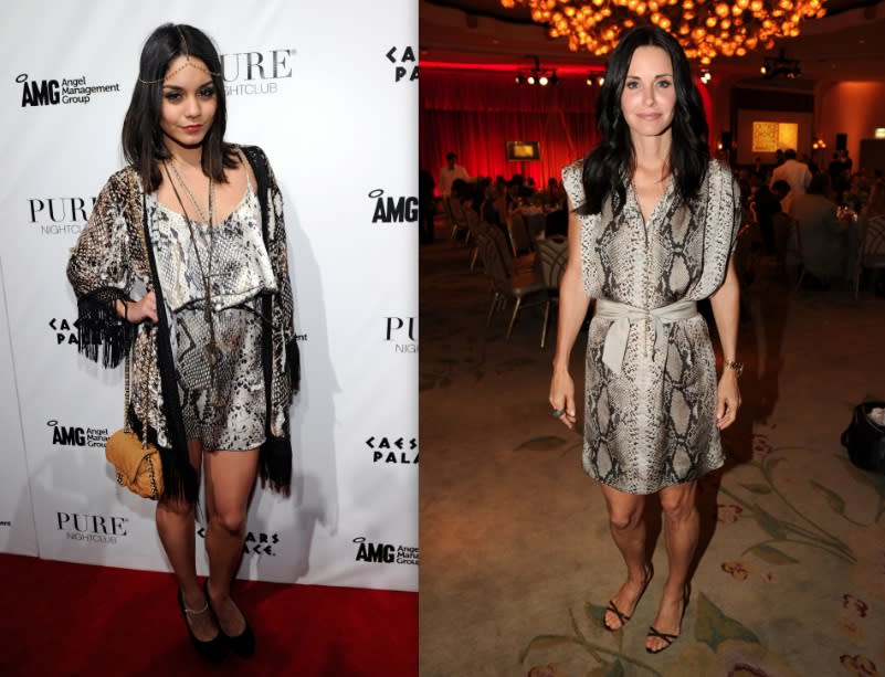 Python is a huge trend this season, but that's not to say I advise wearing it all over, from head to toe. I'm looking at you, Vanessa Hudgens (22). We should all take a cue from Courteney Cox (47) and choose one statement piece, in this case her lovely dress. (Ethan Miller/Getty & Jason Merritt/Getty)