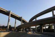 Car travels in carpool lane in Los Angeles, California