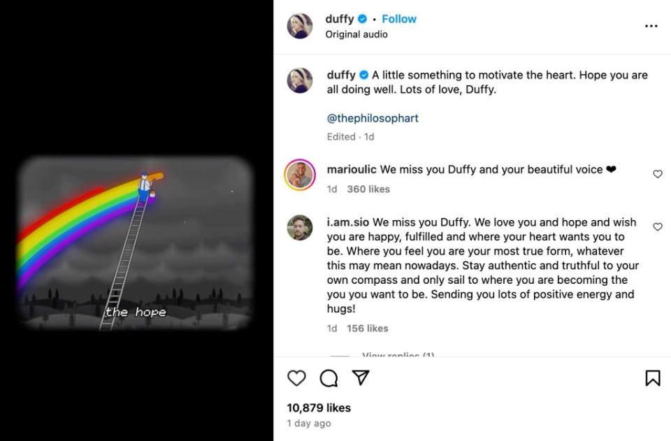 The singer posted a video Tuesday about the origin of happiness. Instagram/@duffy