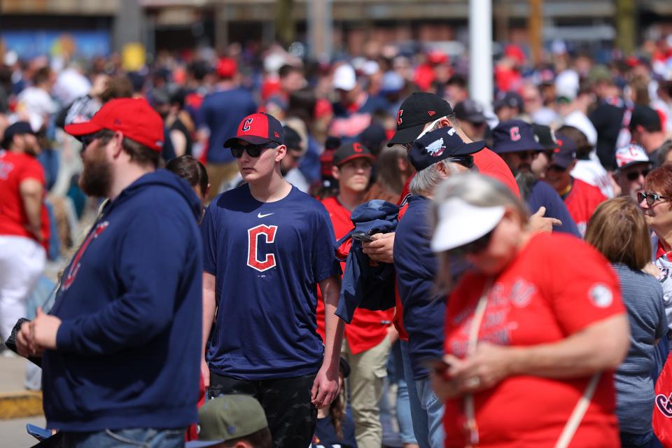 Fans wait to enter the stadium before the home opener between the Cleveland Guardians and the Chicago White Sox at Progressive Field on April 8, 2024 in Cleveland, Ohio