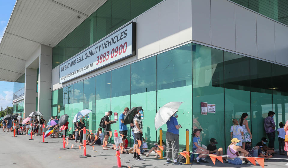 Large queues form on the first day of Covid vaccines for children at Kippa Ring Communication Vaccination Clinic, Brisbane. Source: AAP