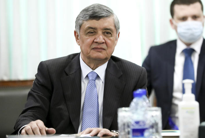 In this handout photo released by Russian Foreign Ministry Press Service, Special Representative of the President of the Russian Federation on Afghanistan Zamir Kabulov attends the talks between Russian Foreign Minister Sergey Lavrov and Pakistani Foreign Minister Shah Mahmood Qureshi in Islamabad, Pakistan, Wednesday, April 7, 2021. (Russian Foreign Ministry Press Service via AP)