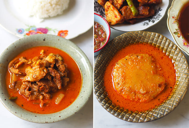 Their 'gulai kawah' features sliced beef and potatoes (left). Create those Malay wedding feels by selecting 'pajeri nenas' with those sweet, tangy flavours (right).