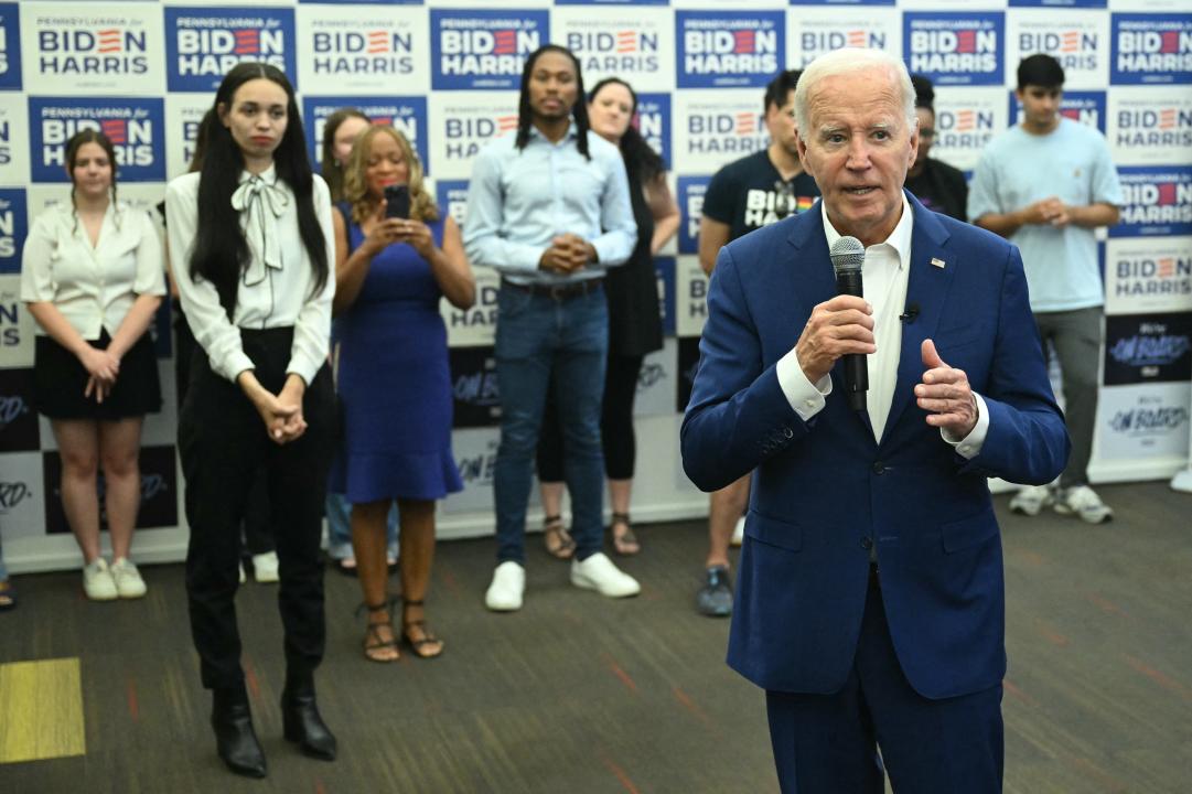 President Biden speaks during a visit to the Roxborough Democratic Coordinated Campaign Office in Philadelphia. (Saul Loeb/AFP via Getty Images)