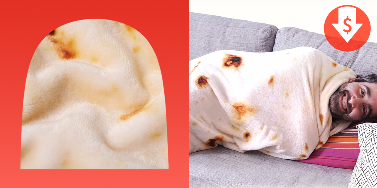 man wrapped in tortilla blanket on couch