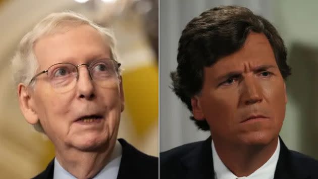 Senate Minority Leader Mitch McConnell (left) blamed Tucker Carlson for persuading Republicans to oppose aid to Ukraine.