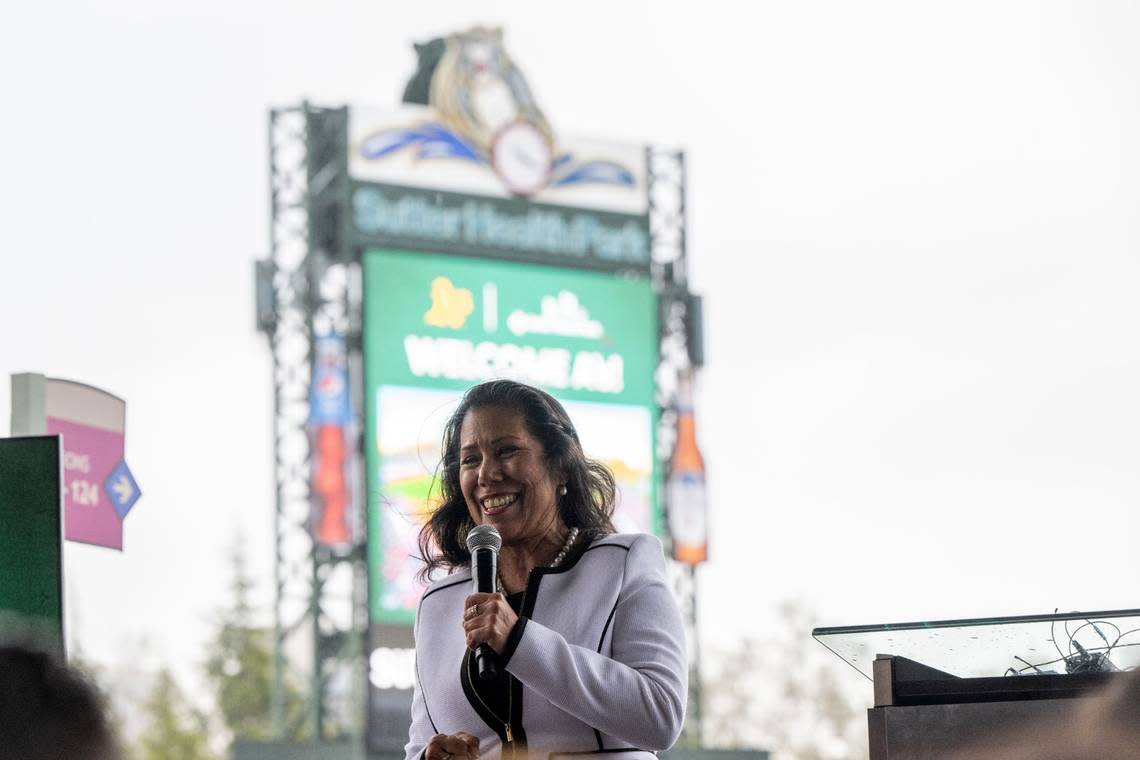 West Sacramento Mayor Martha Guerrero welcomes Oakland Athletics owner John Fisher on Thursday, April 4, 2024, after the announcement that the A’s will temporarily relocate to West Sacramento in 2025.
