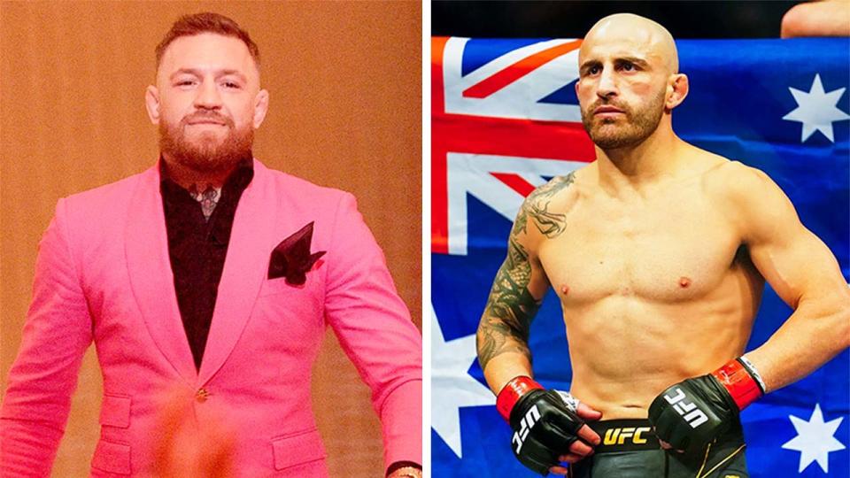 Alexander Volkanovski (pictured right) hit back at Conor McGregor (pictured left) after he tweeted about the UFC featherweight champion. (Getty Images)